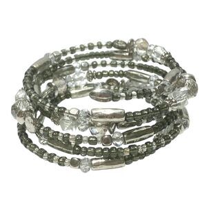 Boho Wrap Bracelet Silver Tone Metal Gray Faceted Bead Casual Coiled Memory Wire